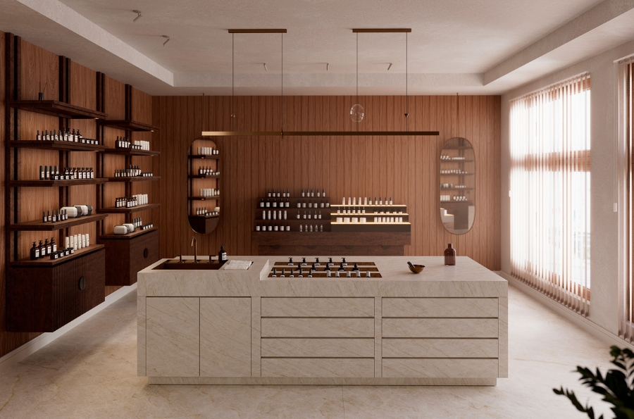 Mostradores retail revestidos con porcelánico de gran formato